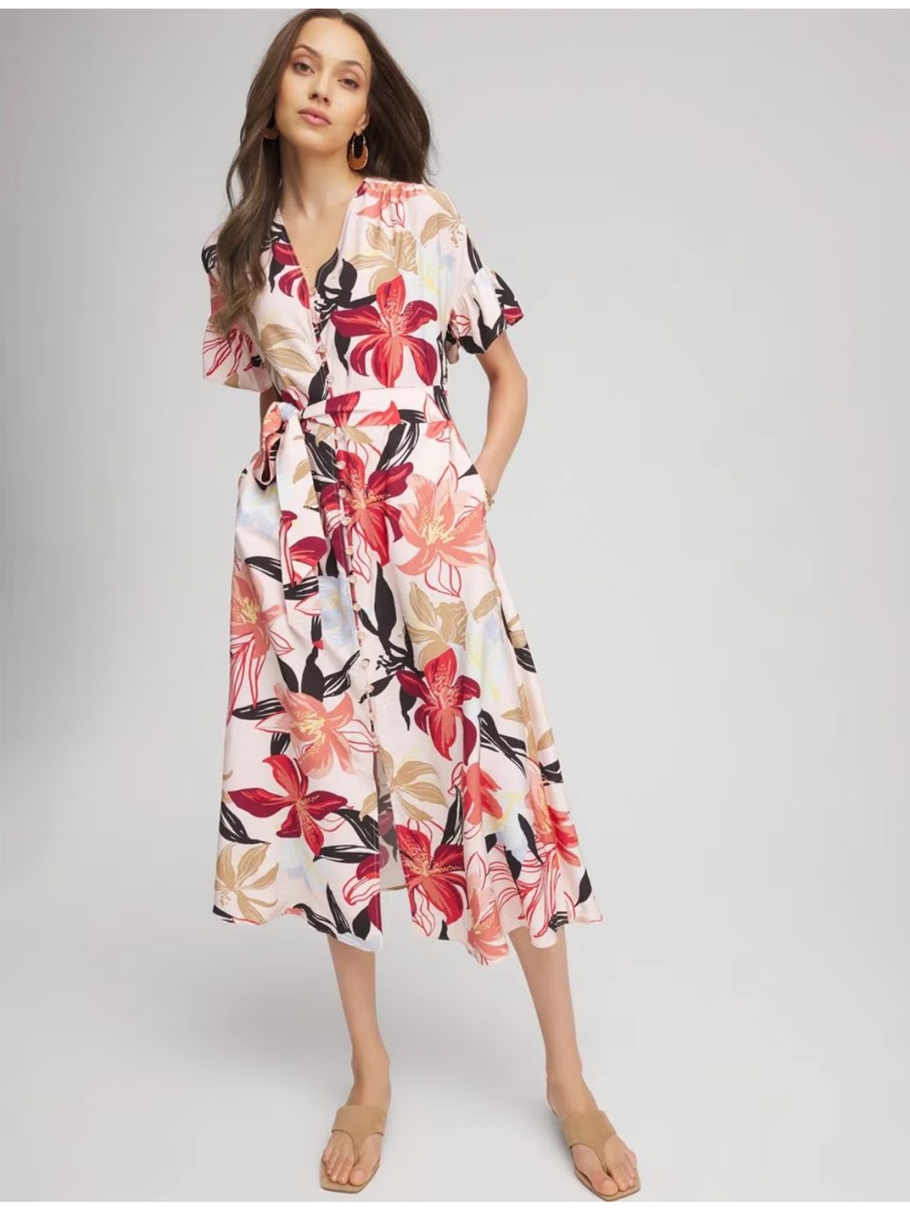 Chico's Tonal Floral Ruffle-Sleeved Midi Dress Pink Pockets Sz 1.5 / 10 *no belt